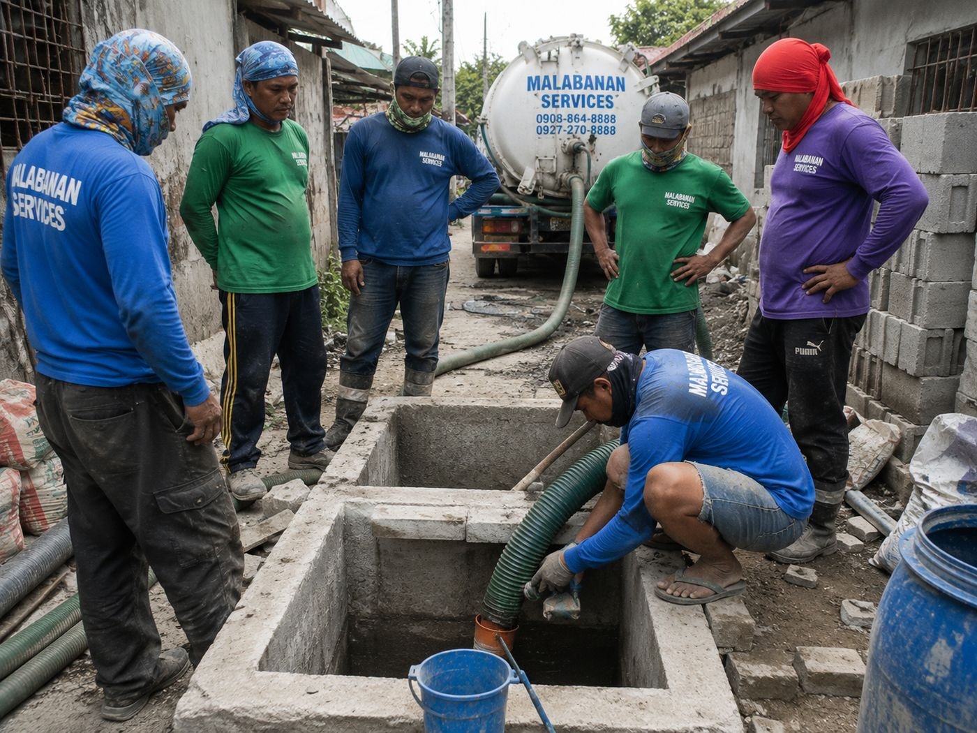 Malabanan siphoning crew on site with truck and hoses